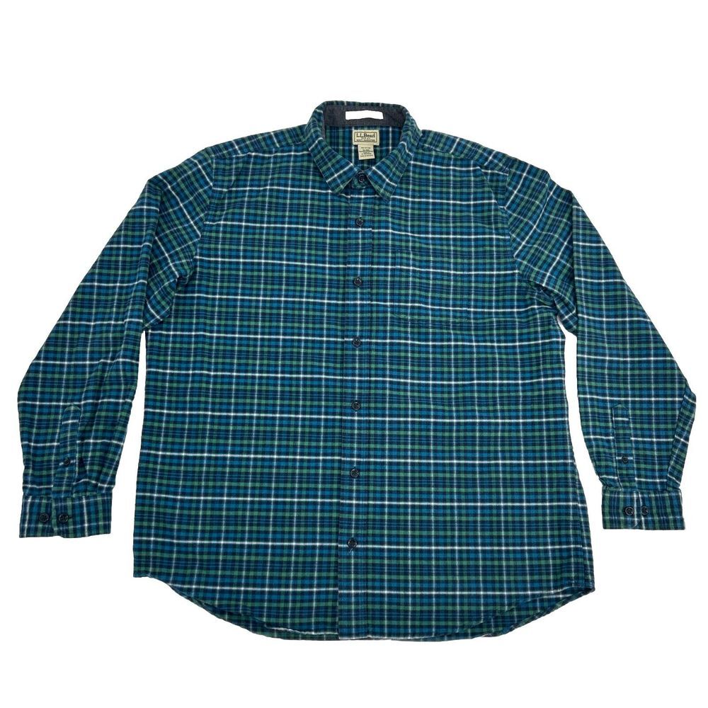 L.L. Bean Flannel Shirt Men's‎ XL Reg Blue Green Plaid Slightly Fitted Button Up